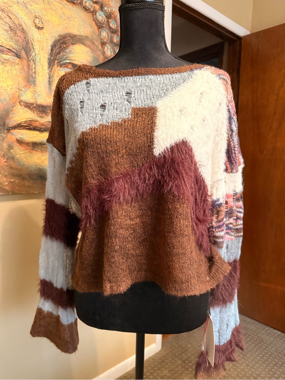 Cider Colorblock Fuzzy Knit Sweater in Brown, Cream & Blue with Burgundy Accents